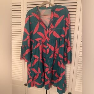 Pink/green tropical print dress with functional buttons. Large